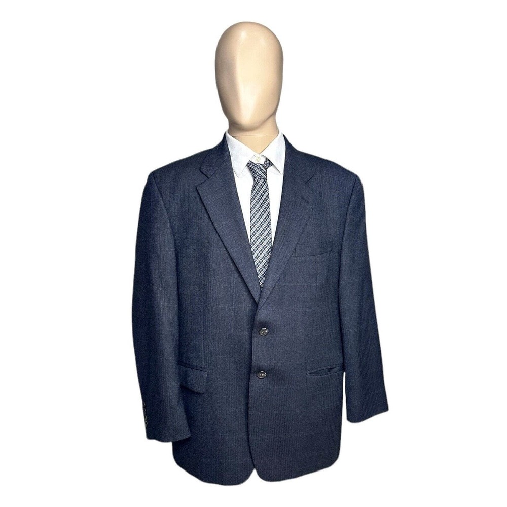 Lauren Ralph Lauren Men's 44R Navy Blue Plaid Herringbone 100% Wool 2 Btn Blazer